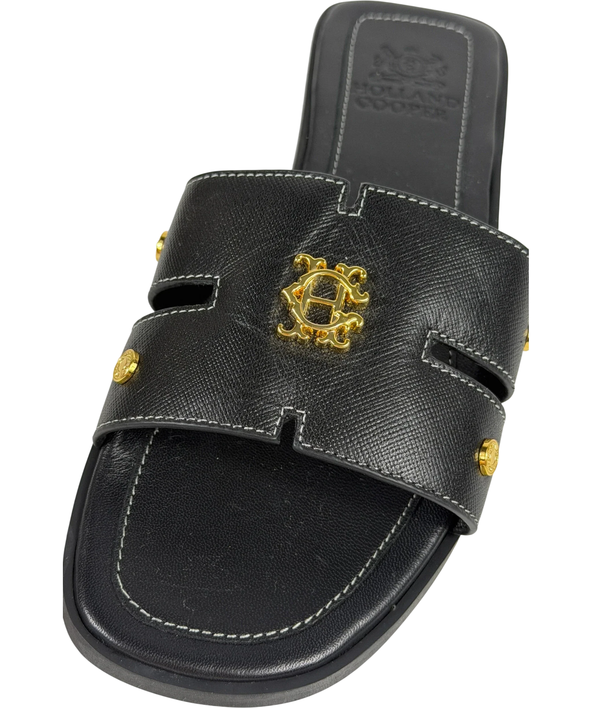 HOLLAND COOPER Heraldic Monogram Slides Black Saffiano / Gold Leogo UK 3 EU 36
