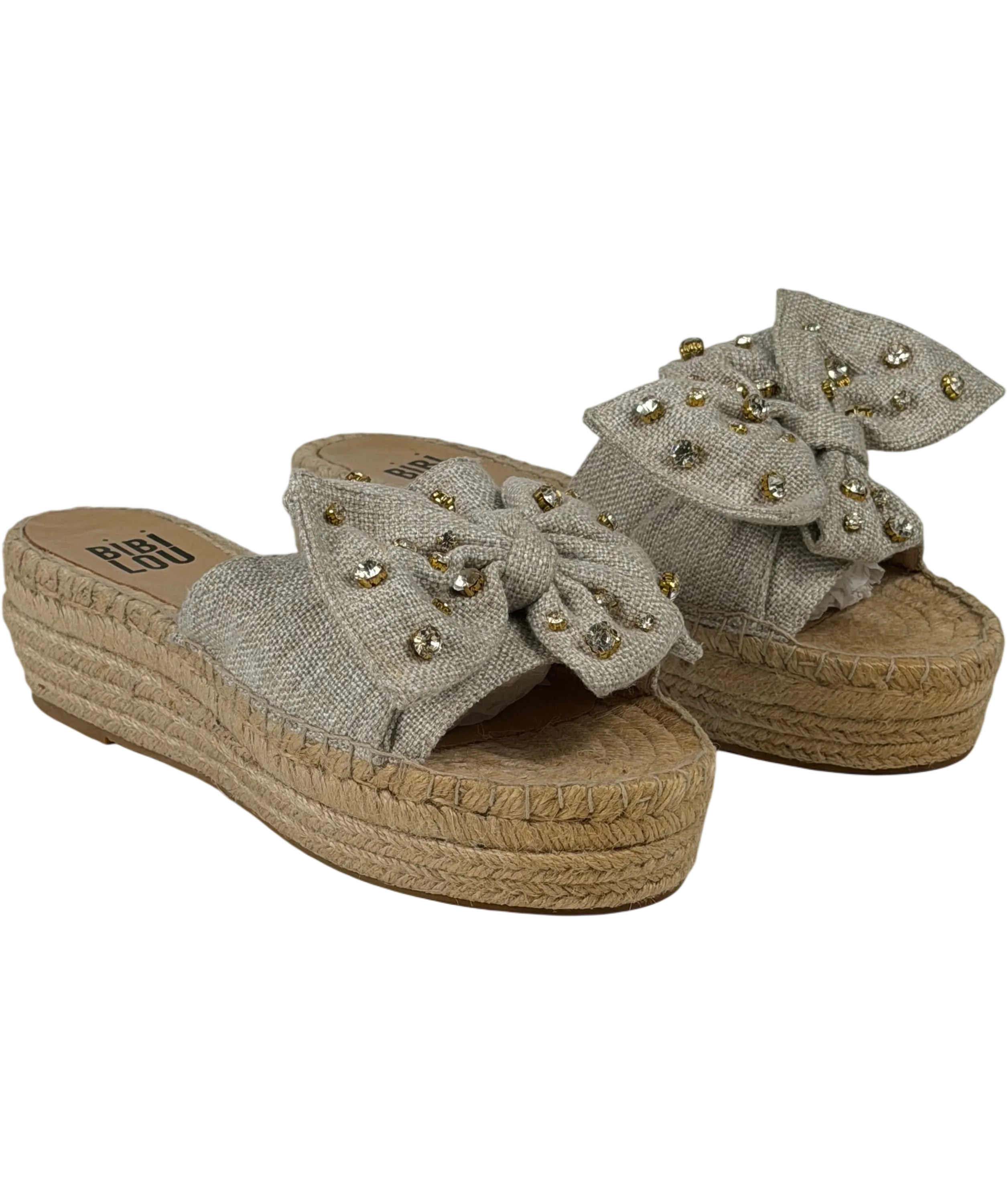 BIBI LOU Beige Linen Crystal-embellished Bow Espadrille Slide Sandals UK 7 EU 40