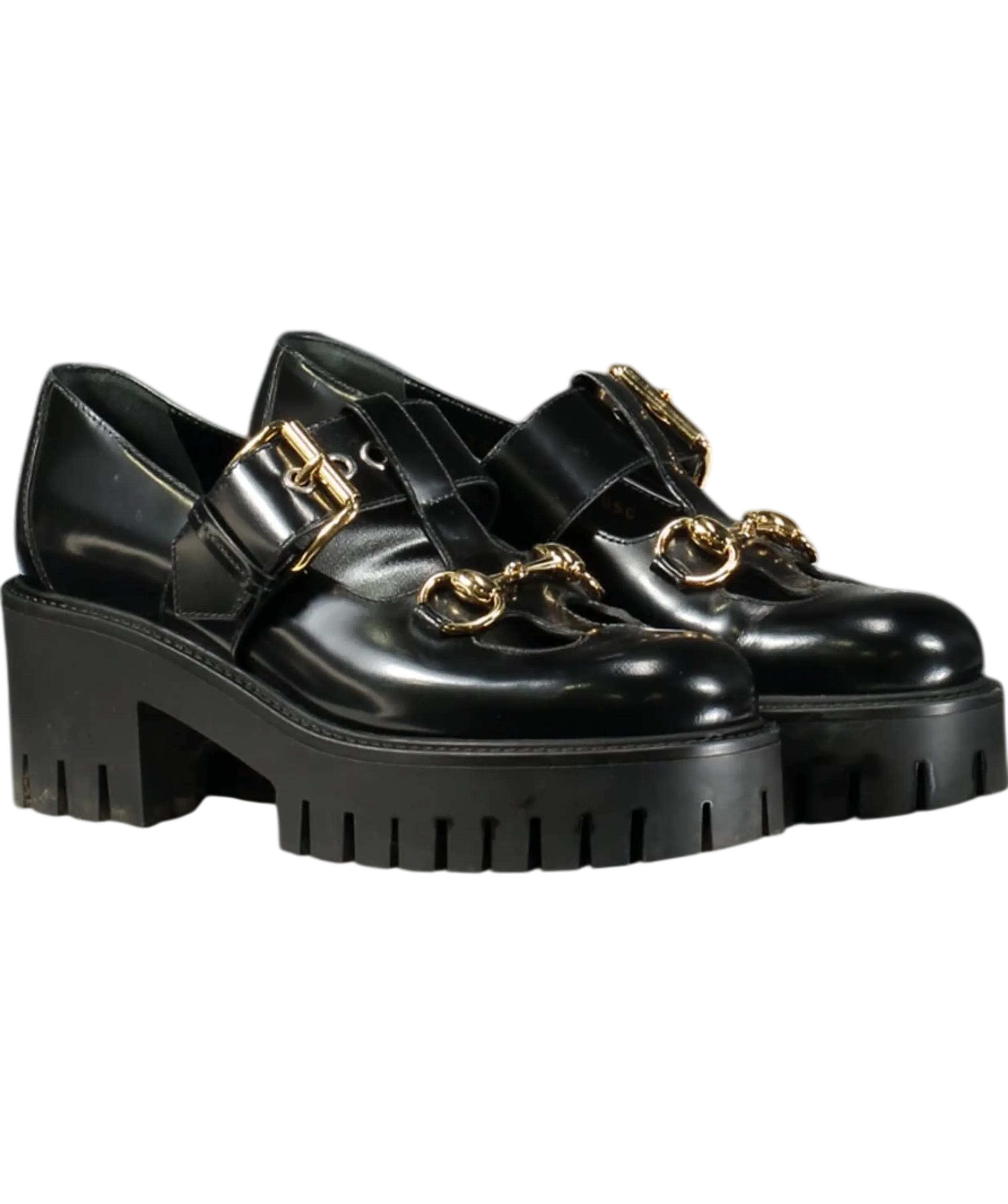 GUCCI Black Leather Horsebit Lug-sole Platform Loafers / Mary Janes UK 2 EU 35