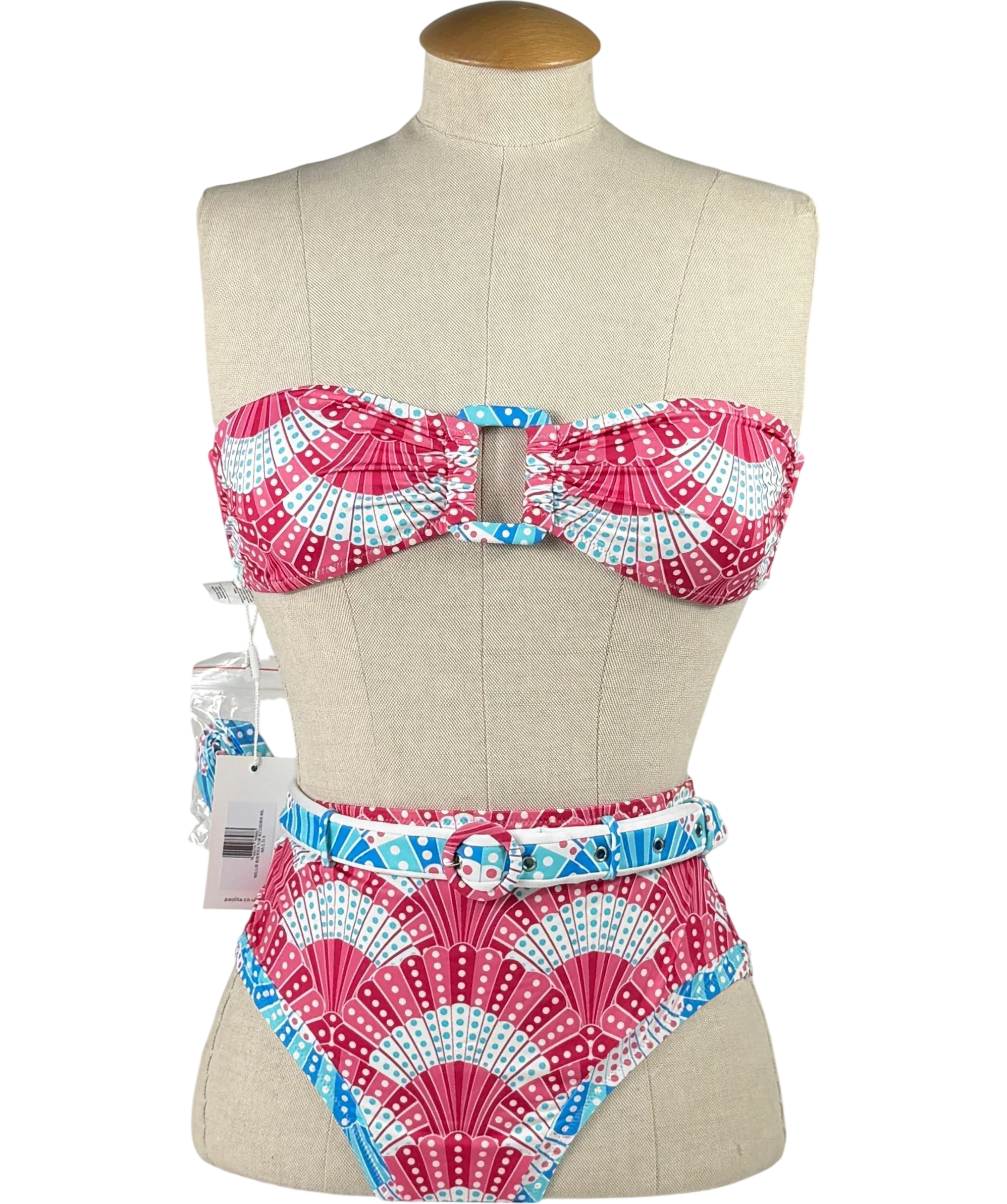 PAOLITA Multicoloured Pink Fan Print Bandeau Belted Bikini Set UK S