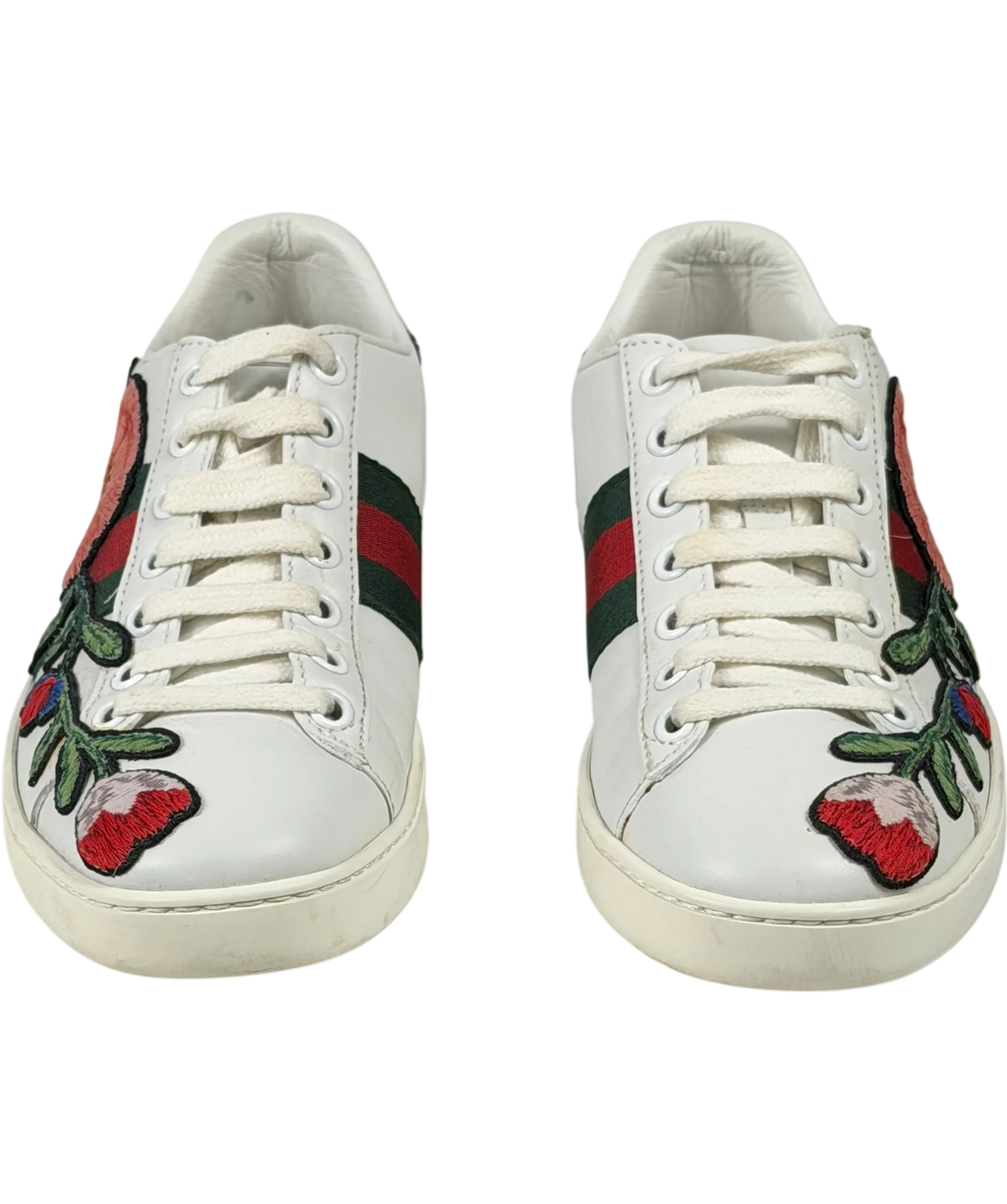 Gucci White Leather Ace Floral Embroidered Low-top Trainers Bow Heels UK 2 EU 35