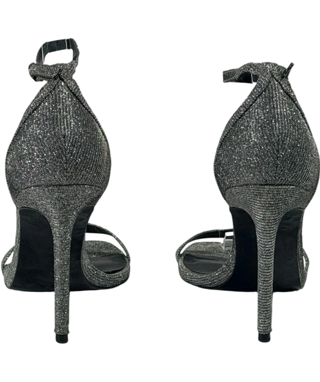 MANGO Metallic Silver Glitter Ankle-strap Stiletto Sandals UK 6 EU 39
