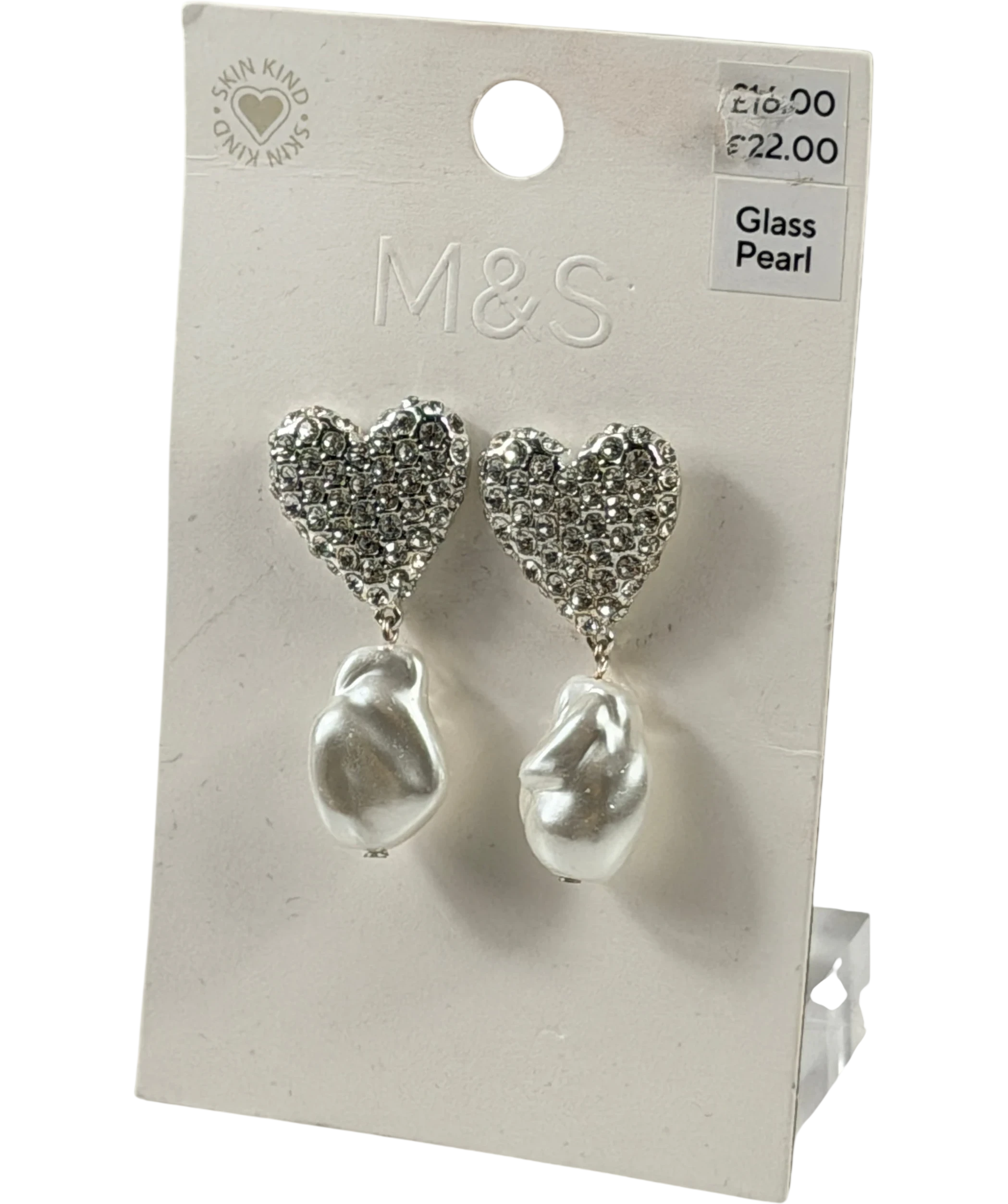 M&S Metallic Collection Skin Kind Diamante Heart Glass Pearl Drop Earrings One Size