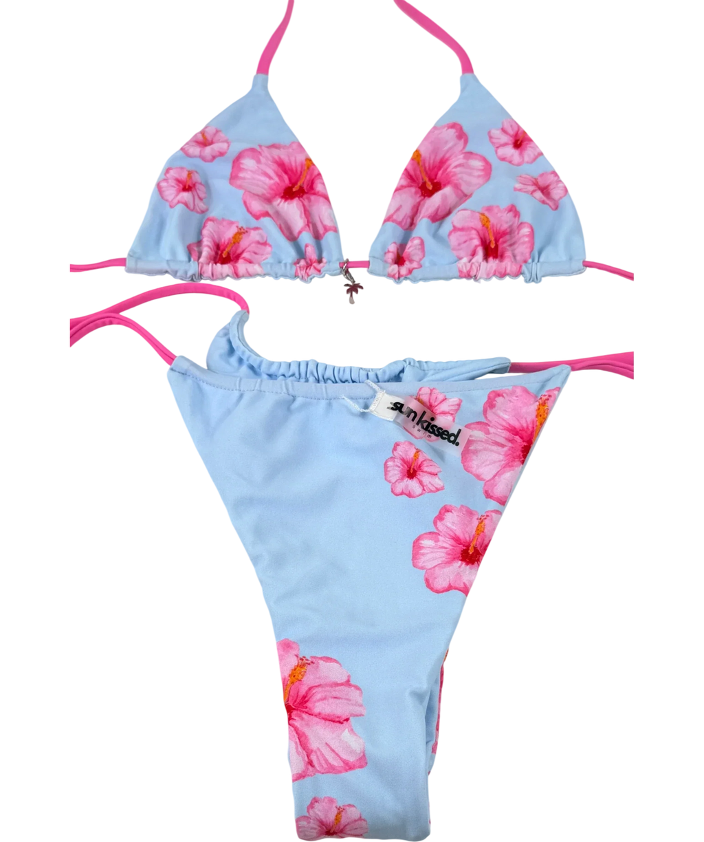 Sunkissed Swim Light Blue Pink Hibiscus Floral Bikini Set Size M UK 10
