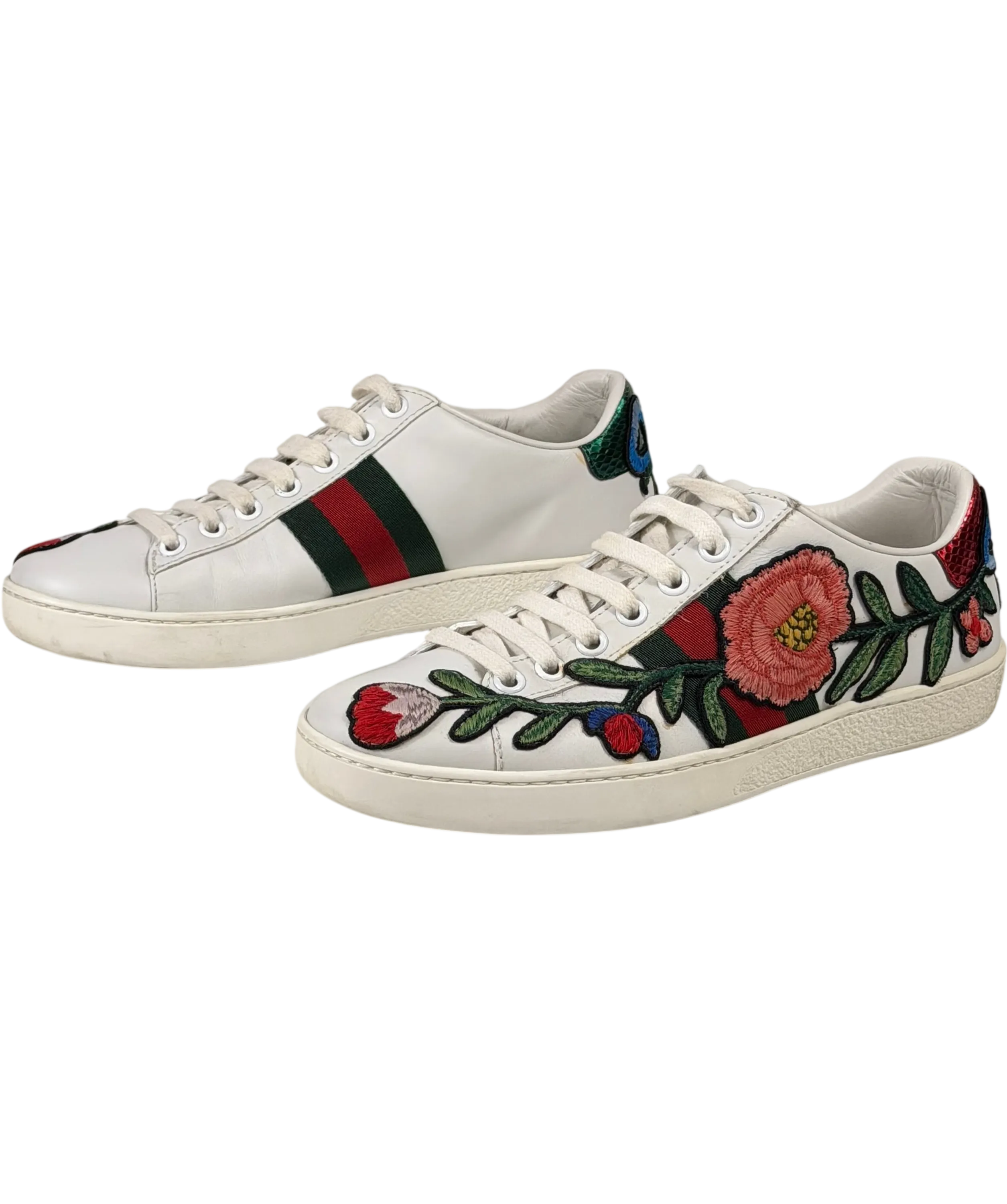 Gucci White Leather Ace Floral Embroidered Low-top Trainers Bow Heels UK 2 EU 35