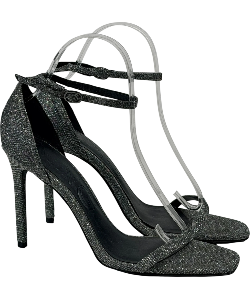 MANGO Metallic Silver Glitter Ankle-strap Stiletto Sandals UK 6 EU 39