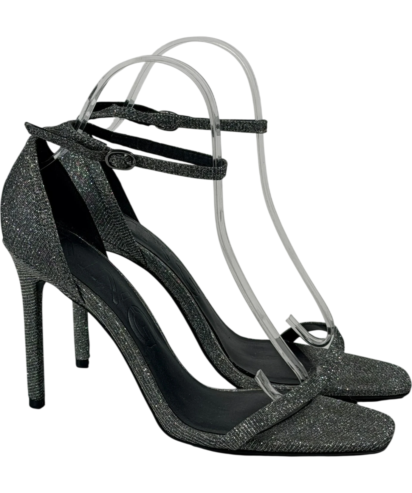 MANGO Metallic Silver Glitter Ankle-strap Stiletto Sandals UK 6 EU 39