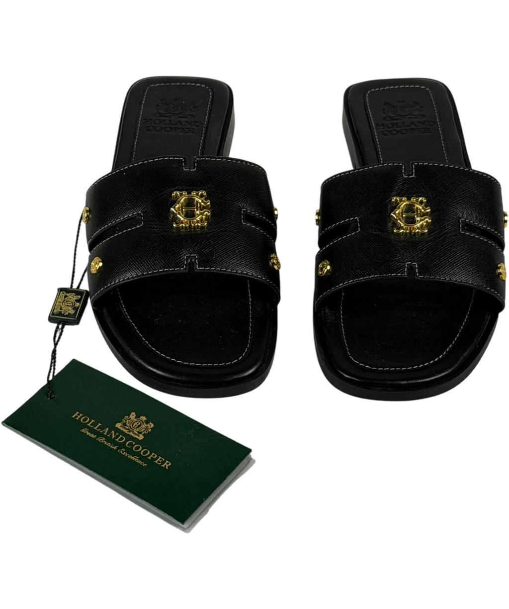 HOLLAND COOPER Heraldic Monogram Slides Black Saffiano / Gold Leogo UK 3 EU 36