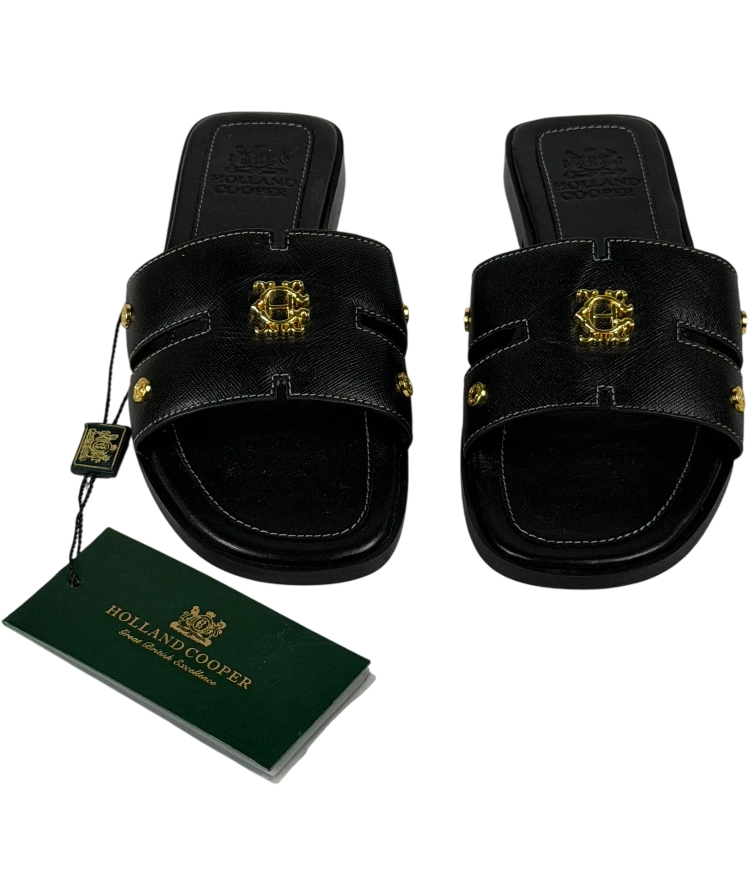 HOLLAND COOPER Heraldic Monogram Slides Black Saffiano / Gold Leogo UK 3 EU 36