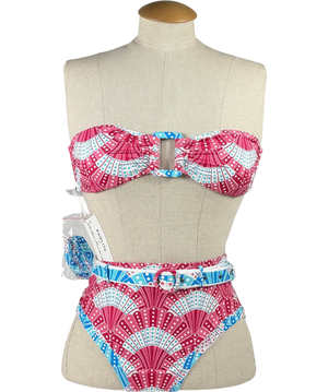 PAOLITA Multicoloured Pink Fan Print Bandeau Belted Bikini Set UK S