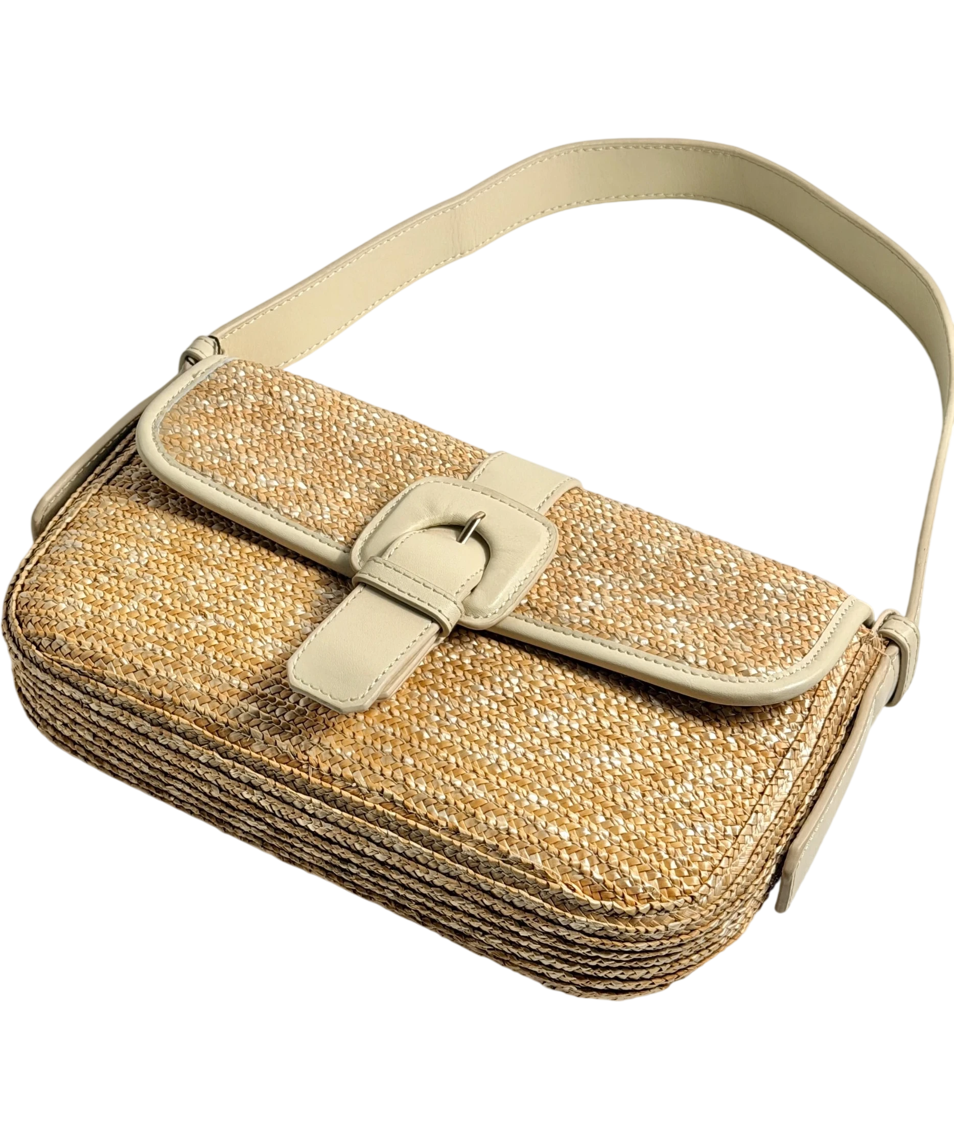 Arket Rectangular Straw & Leather Bag, Cream & Natural