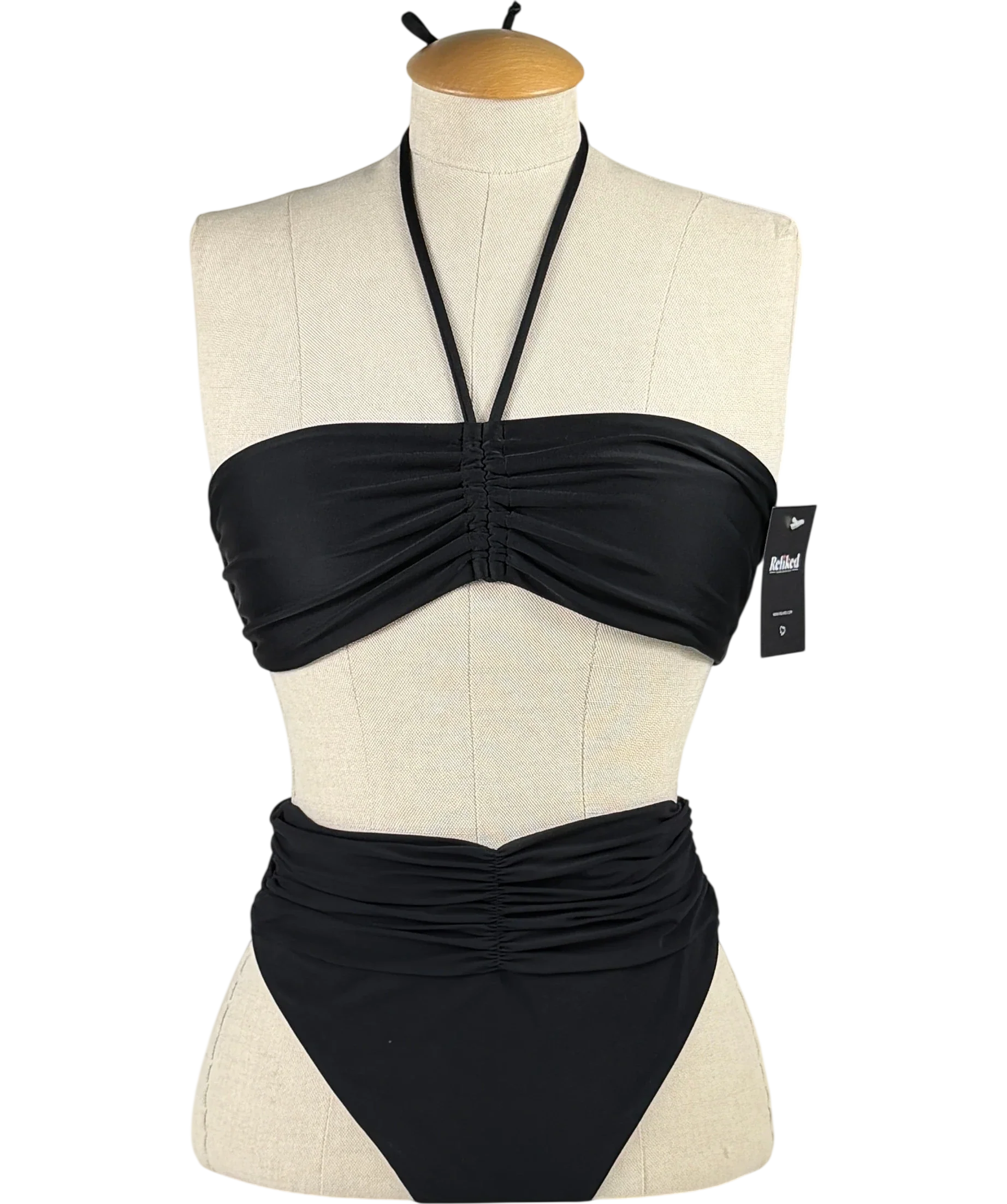 MAGDA BUTRYM Black Ruched Bandeau Halter Neck High Waisted Bikini Set UK S
