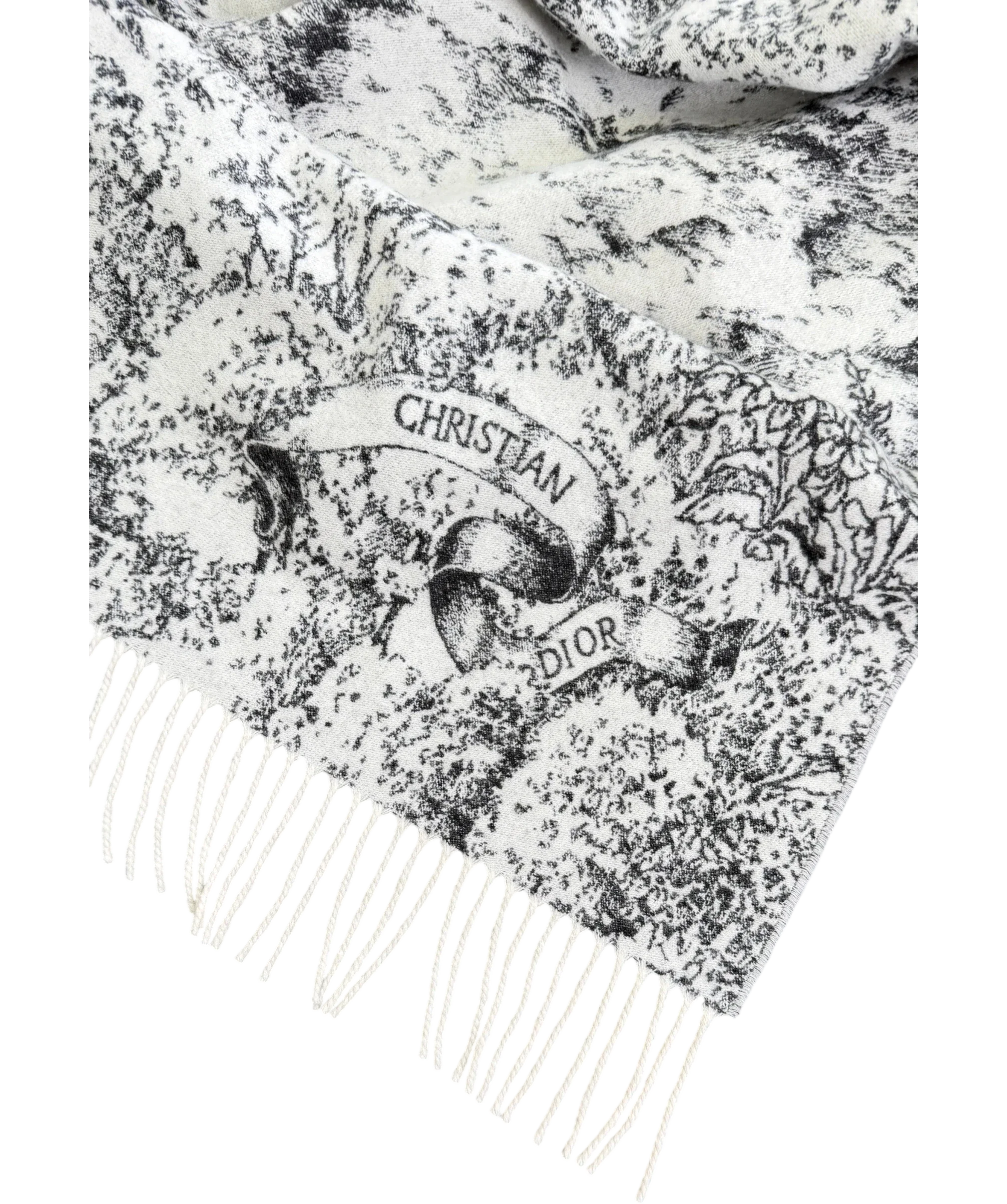CHRISTIAN DIOR Black  / White 100% Cashmere Toile De Jouy Sauvage Logo Poncho / Cape One Size