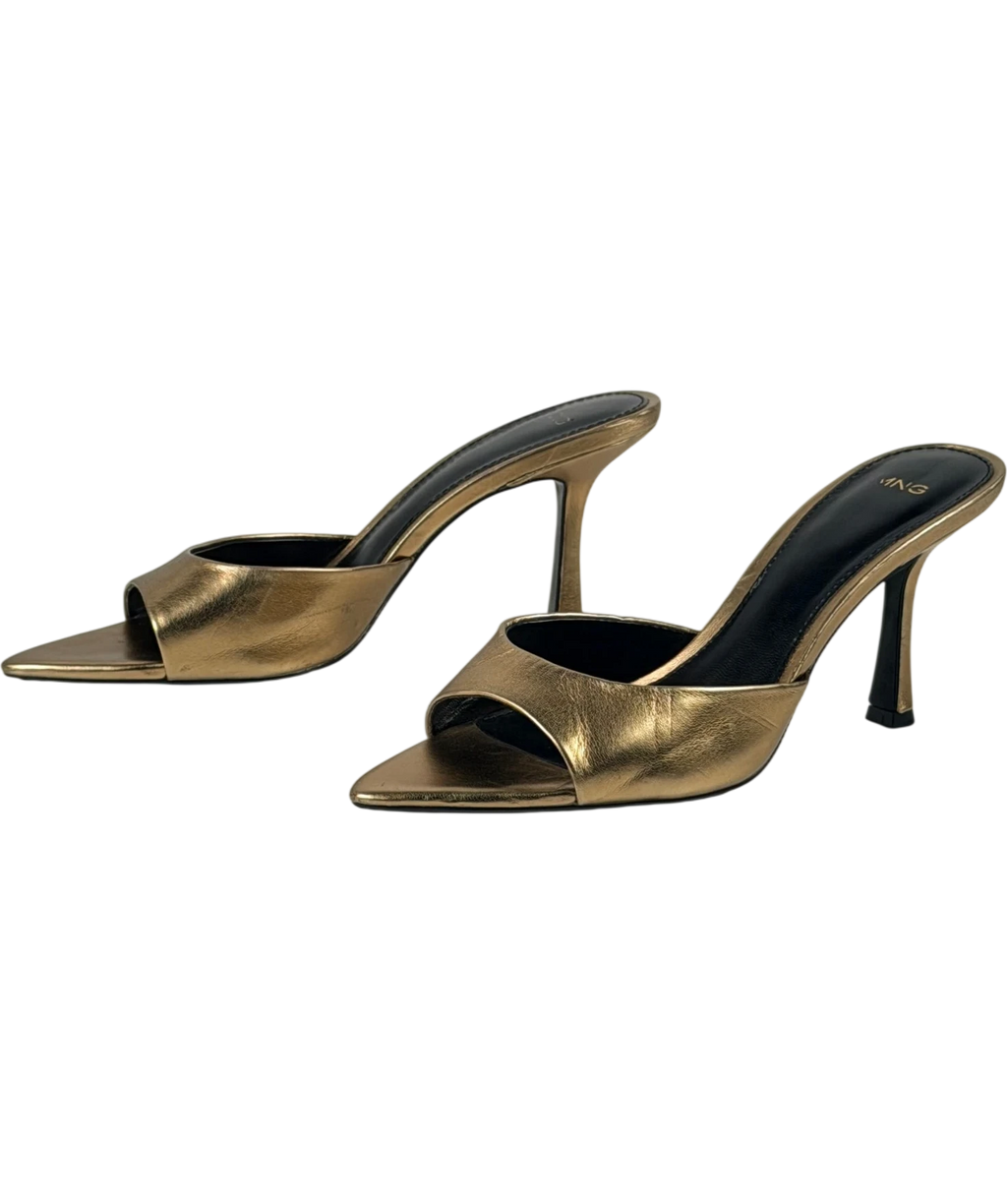 MANGO Pepic Gold Metallic Pointed Heeled Mules UK 4 EU 37