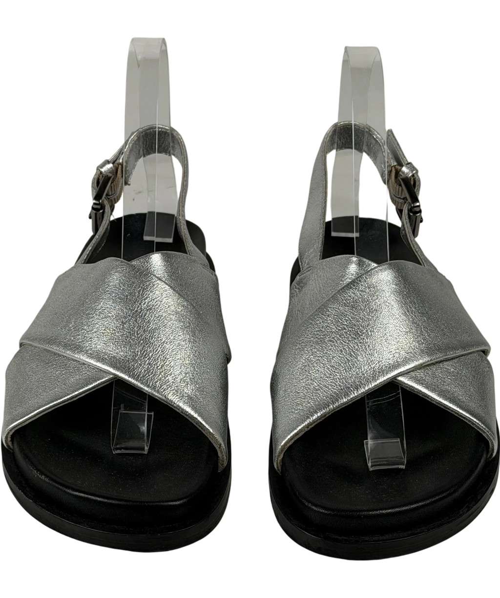 WYSE LONDON Butter Soft Leather Metallic Silver Cross Strap Footbed Sandals UK 4 EU 37