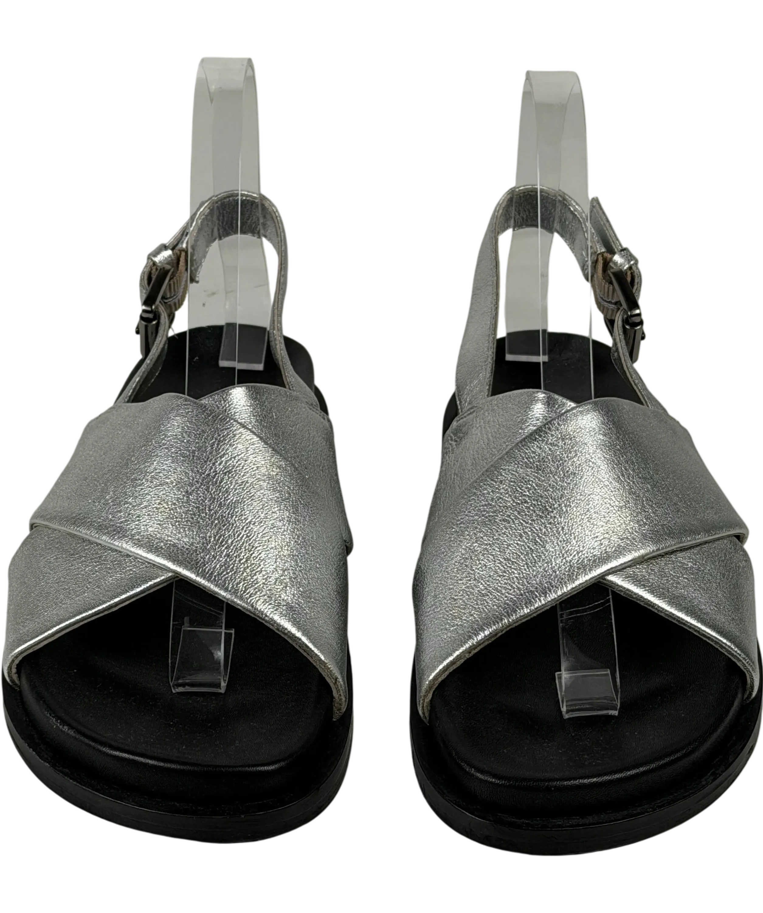 WYSE LONDON Butter Soft Leather Metallic Silver Cross Strap Footbed Sandals UK 4 EU 37