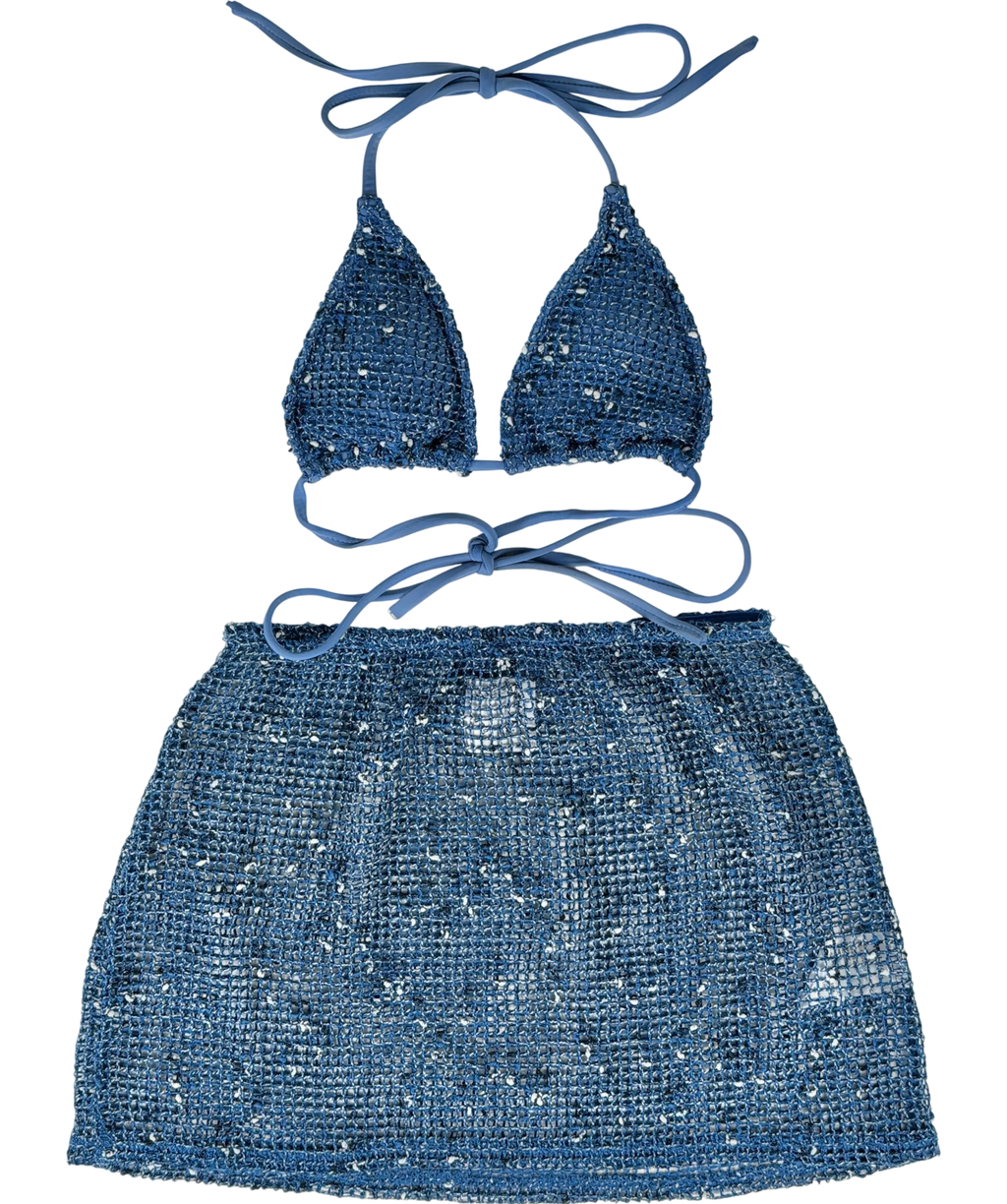 With Jean Blue Crochet Speckle Detailed Bikini Top & Beach Skirt UK XS