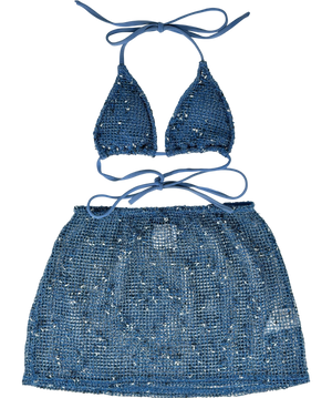 With Jean Blue Crochet Speckle Detailed Bikini Top & Beach Skirt UK XS