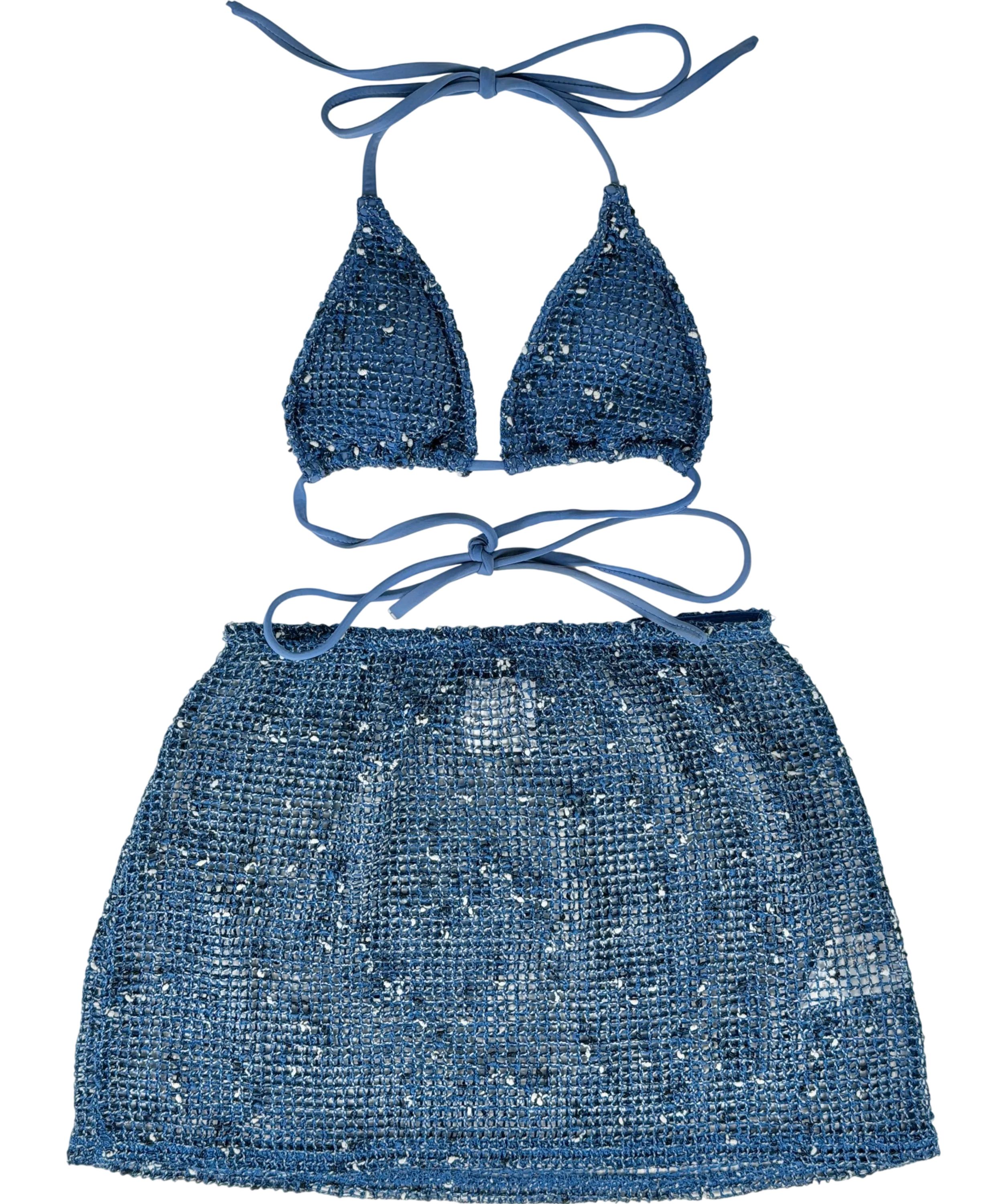 With Jean Blue Crochet Speckle Detailed Bikini Top & Beach Skirt UK XS