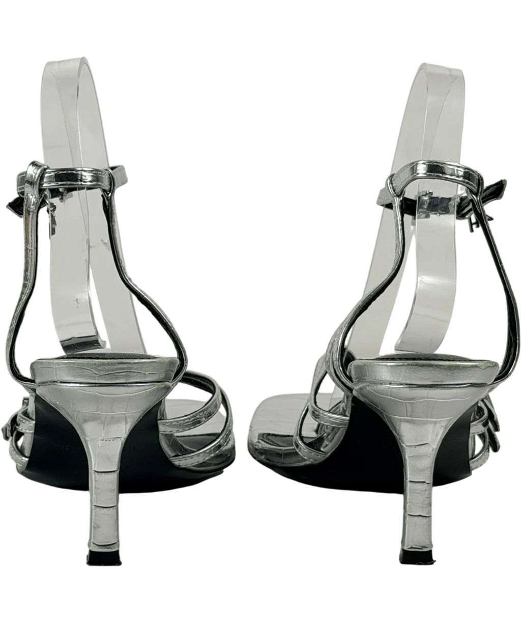 4th & Reckless Metallic Chicago Silver Buckle Heeled Sandals UK 7 EU 40