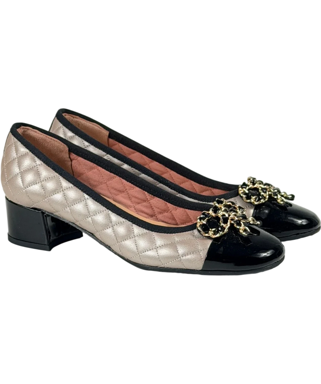 VARIO Quilted Block Heel Pumps In Taupe And Black UK 4 EU 37