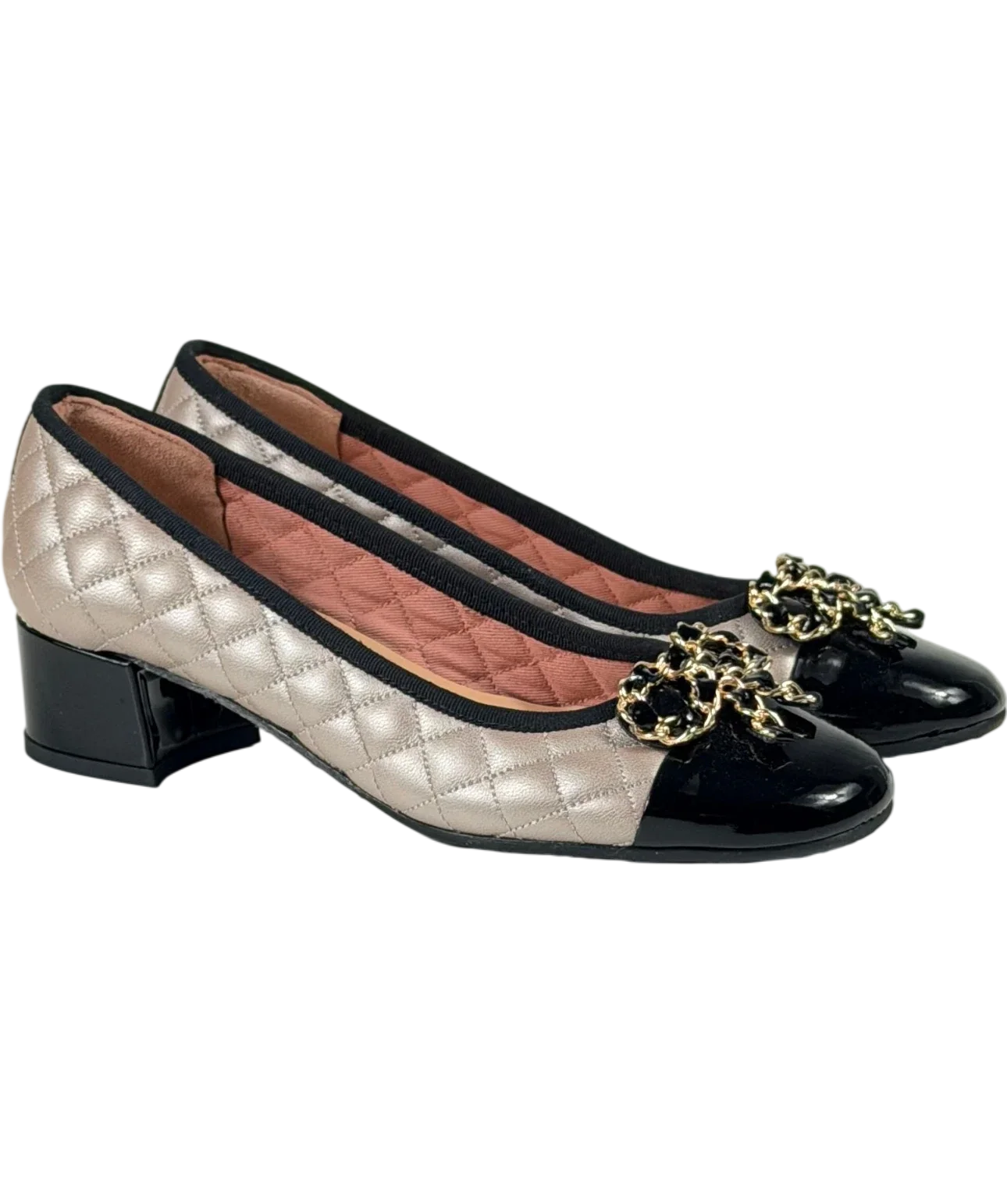VARIO Quilted Block Heel Pumps In Taupe And Black UK 4 EU 37