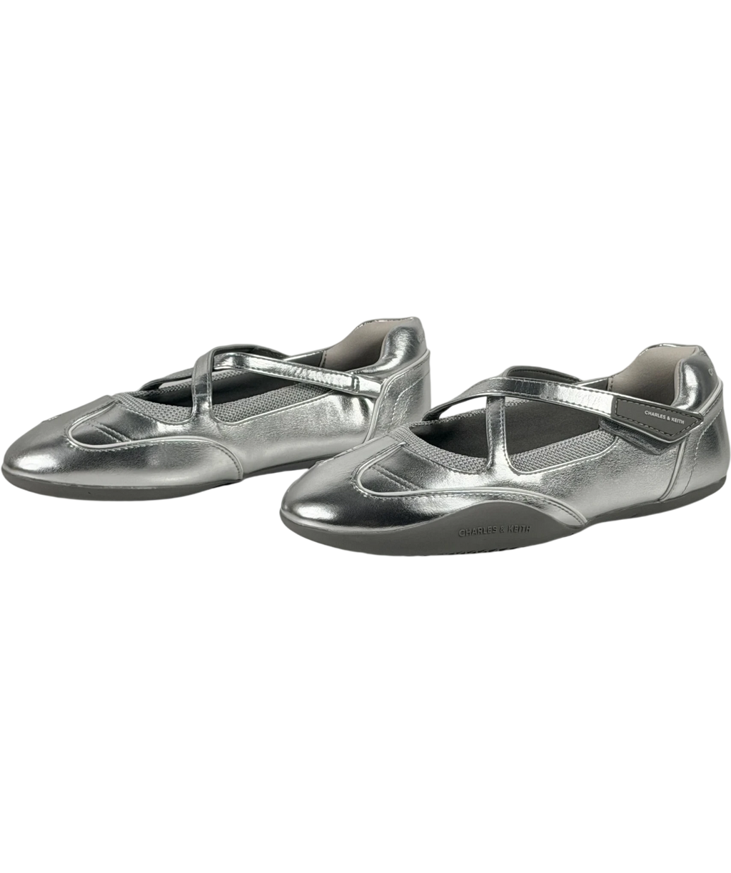 Charles & Keith Charles And Keith Mika Crossover Mary Jane Sneakers In Metallic Silver UK 4 EU 37