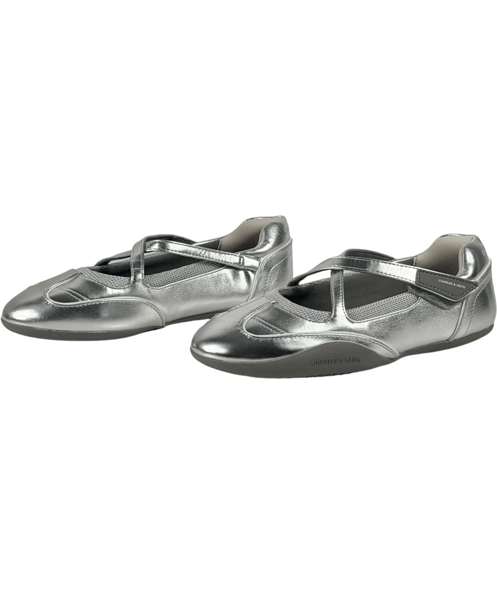 Charles & Keith Charles And Keith Mika Crossover Mary Jane Sneakers In Metallic Silver UK 4 EU 37
