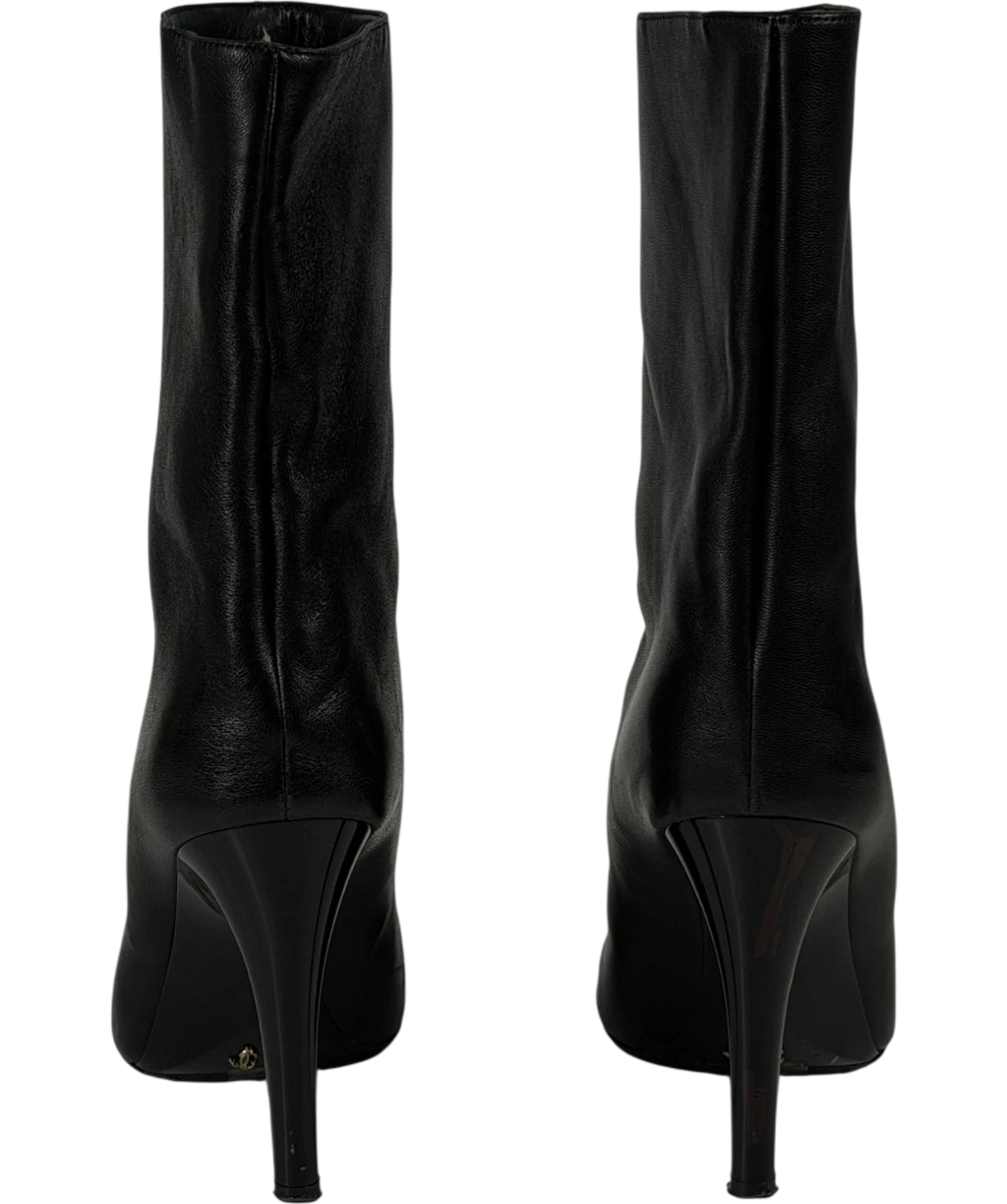 JIMMY CHOO Black Leather Pointed Toe Ankle Boots With Patent Cap Toe UK 5 EU 38
