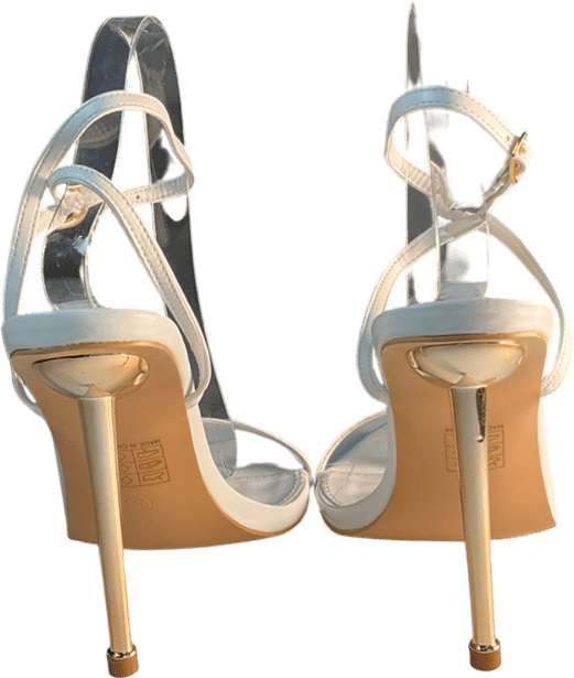 Public Desire Risque White Pu Strappy Pointed Toe Gold Stiletto Heels UK 8 EU 41 👠 - Reliked