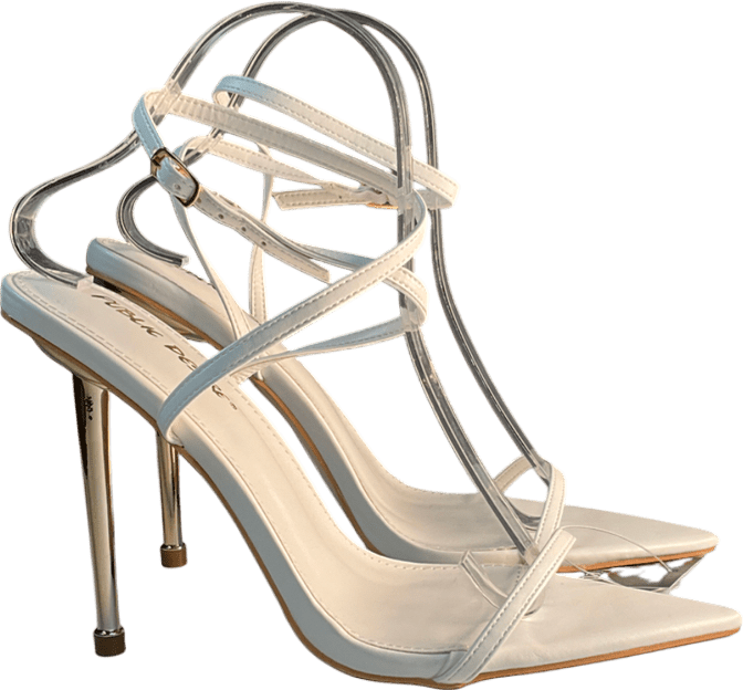 Public Desire Risque White Pu Strappy Pointed Toe Gold Stiletto Heels UK 8 EU 41 👠 - Reliked