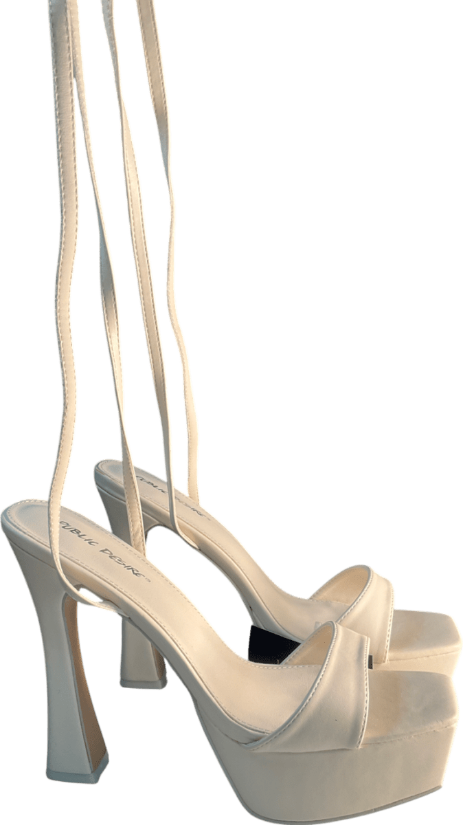 Public Desire Taliah Cream Pu Strappy Flare Platform High Heels UK 8 EU 41 👠 - Reliked