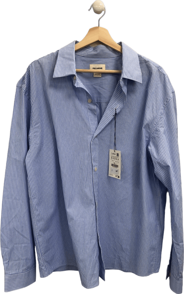 Pull&Bear Blue Striped Cropped Fit Shirt UK M - Reliked