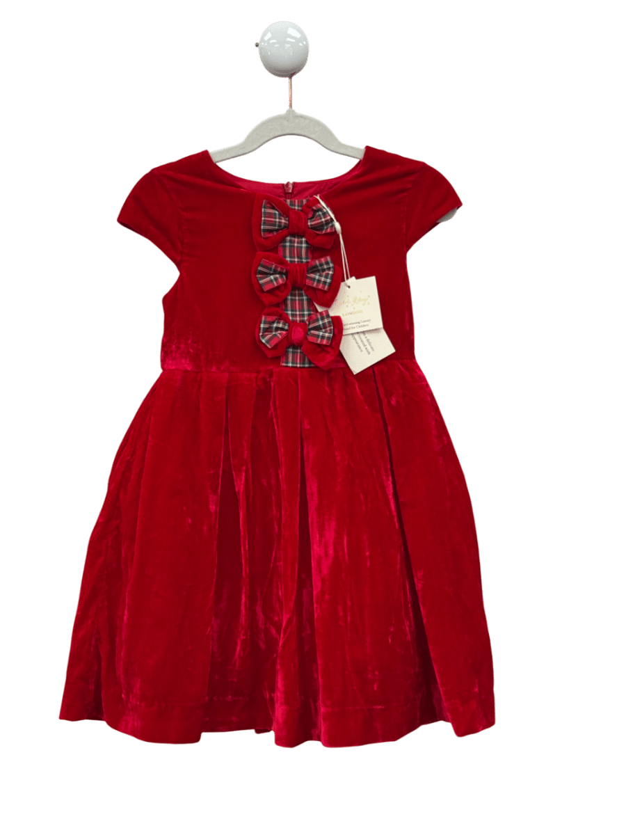Rachel Riley Red Velvet Dress With Tartan Bows 5 Years - Reliked