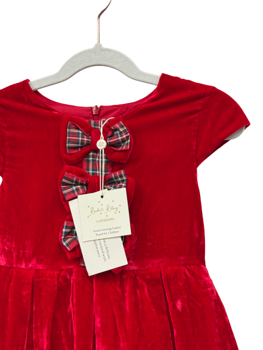 Rachel Riley Red Velvet Dress With Tartan Bows 5 Years - Reliked