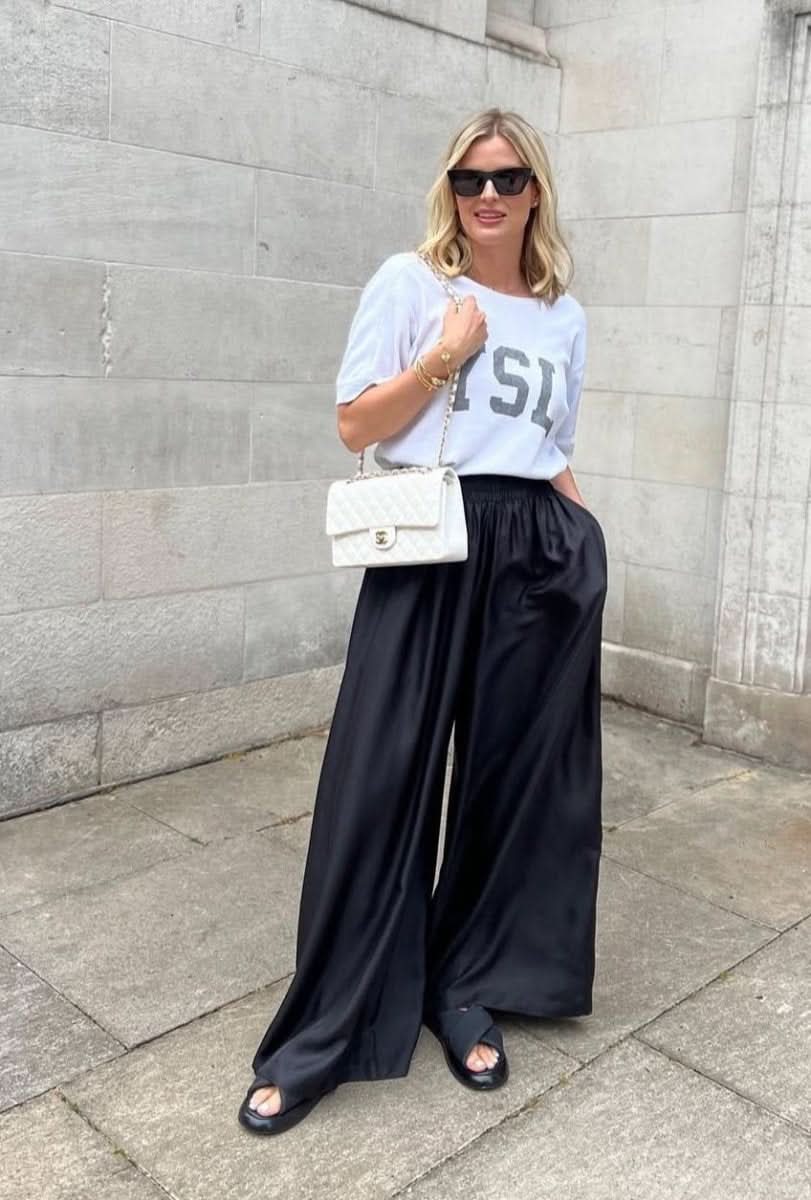 Raey Black 100% Silk Elasticated Waist Wide Leg Palazzo Pants UK 8 - Reliked