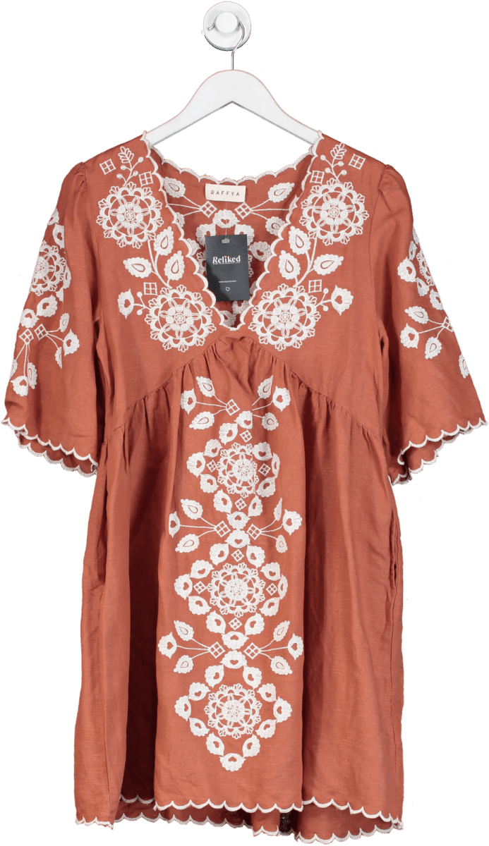 RAFFYA Brown Arabella Embroidered Mini Dress UK 10 - Reliked