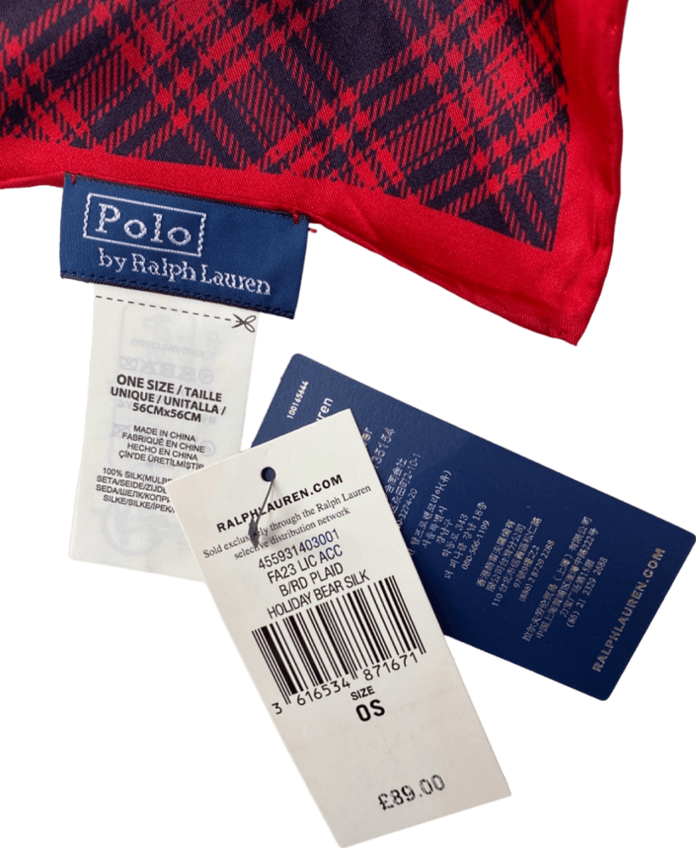 Ralph Lauren Red Plaid Holiday Bear 100% Silk Scarf - Reliked