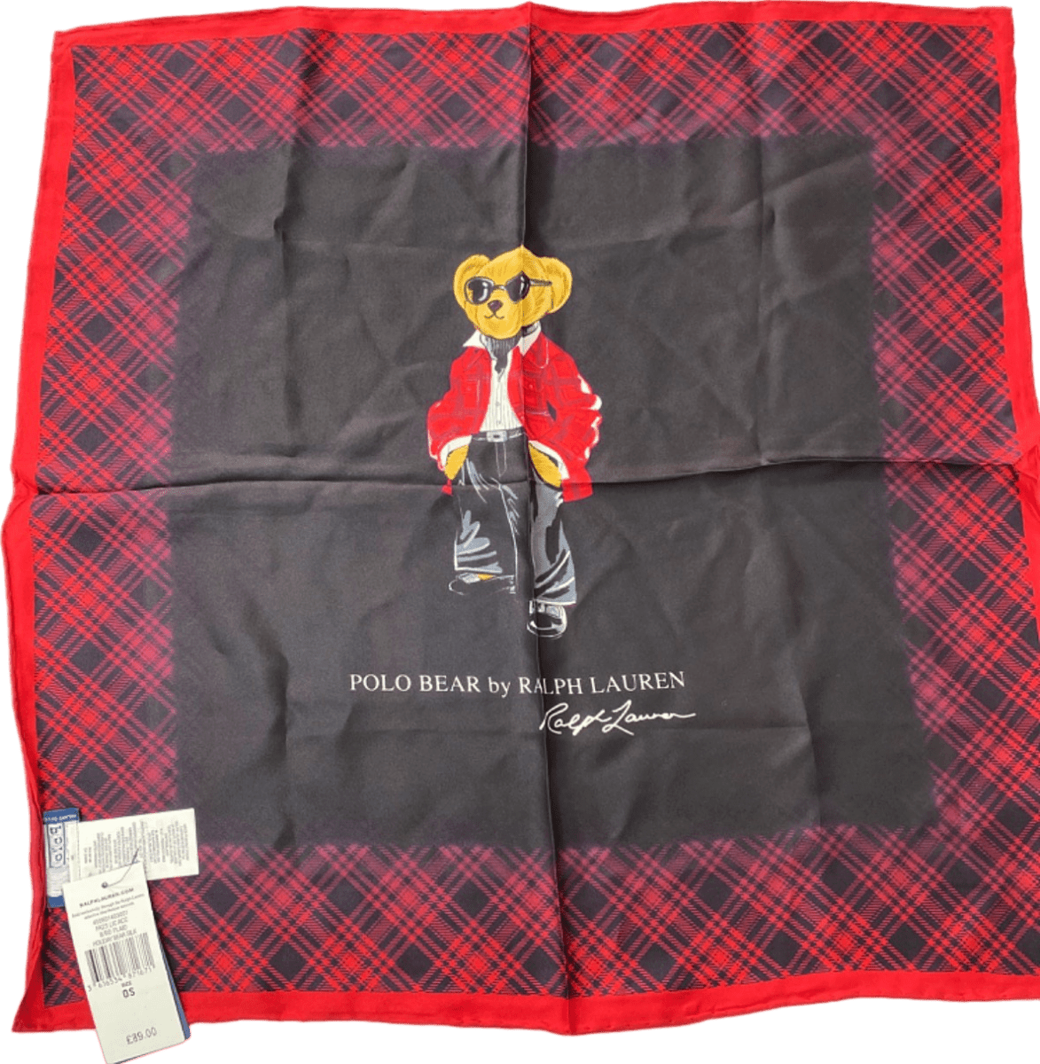 Ralph Lauren Red Plaid Holiday Bear 100% Silk Scarf - Reliked