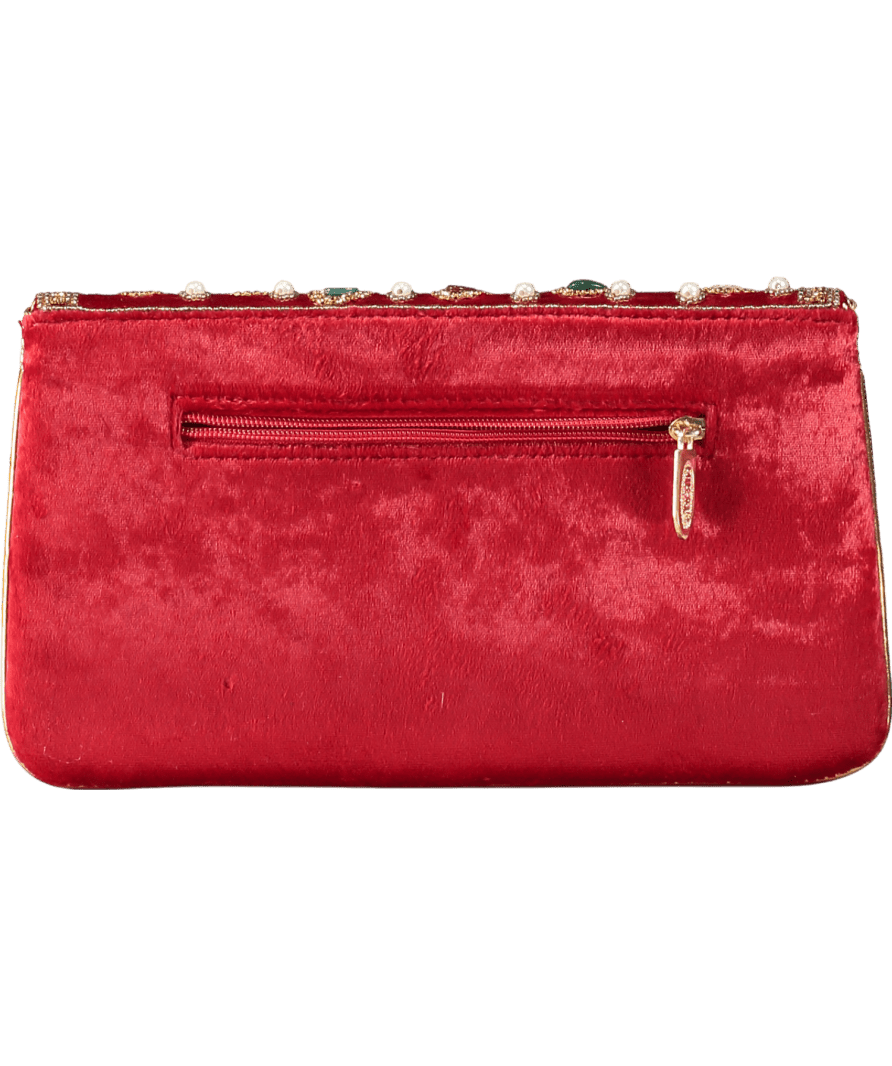 Red Velvet Embellished Bag With Chain Strap - Reliked