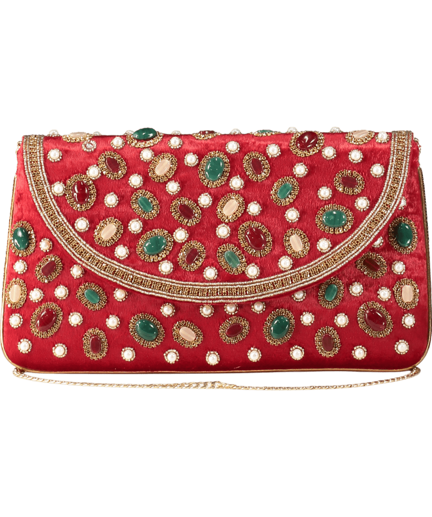 Red Velvet Embellished Bag With Chain Strap - Reliked