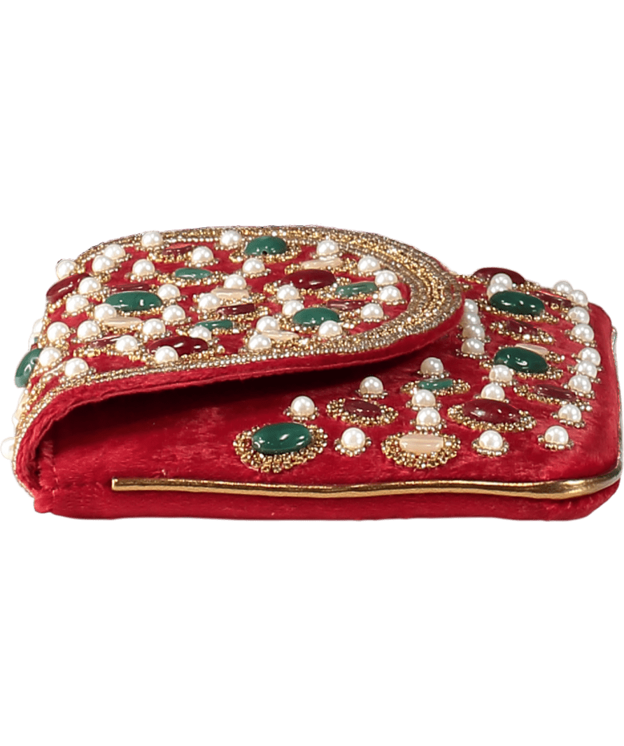 Red Velvet Embellished Bag With Chain Strap - Reliked