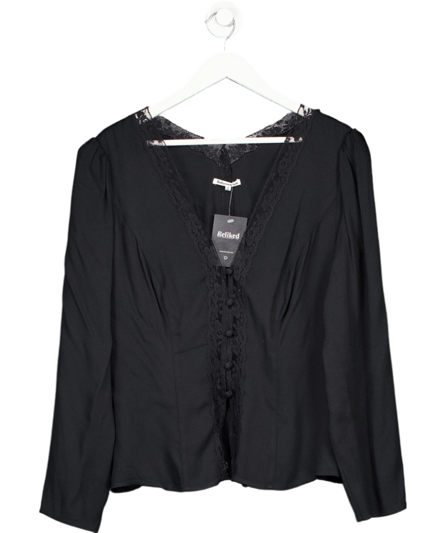Reformation Black Lace Trim Fitted Long Sleeve Nadene Top Us14 UK 18 - Reliked
