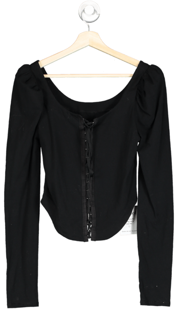 Reformation Black Long Sleeve Lace - up Back Top UK M - Reliked