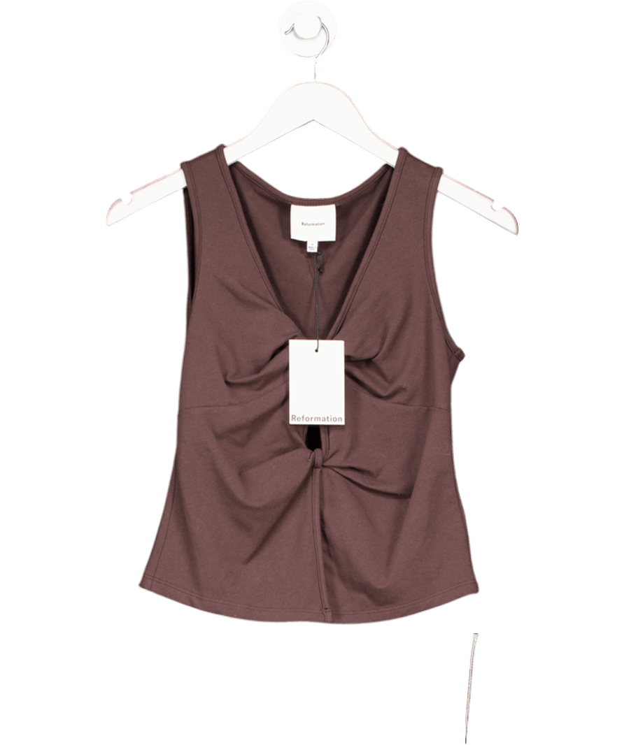 Reformation Chocolate Brown Tefi Knotted Stretch - cotton Top UK S - Reliked