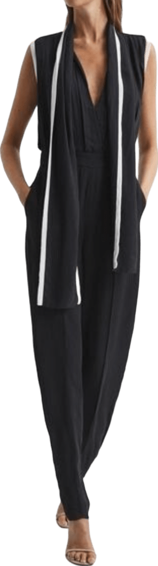 REISS Black Neck Tie Wide Leg Jumpsuit UK 6 Petite - Reliked
