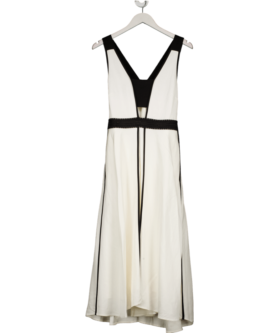 REISS Cream Valencia Contrast - trim Flared Midi Dress With Linen In Ivory/black UK 10 - Reliked