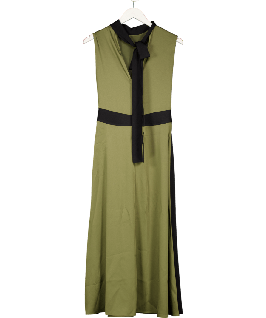 REISS Florere Colourblock Hybrid Knit Midi Dress In Khaki Green / Black UK 8 - Reliked