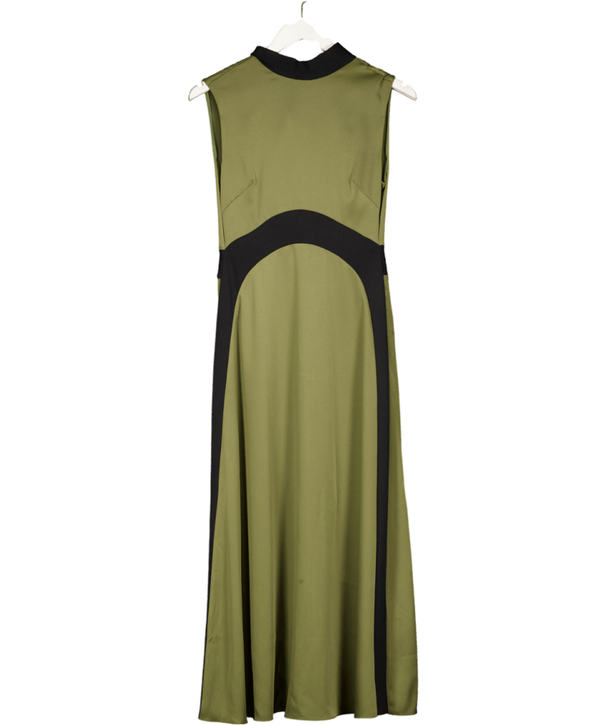 REISS Florere Colourblock Hybrid Knit Midi Dress In Khaki Green / Black UK  8