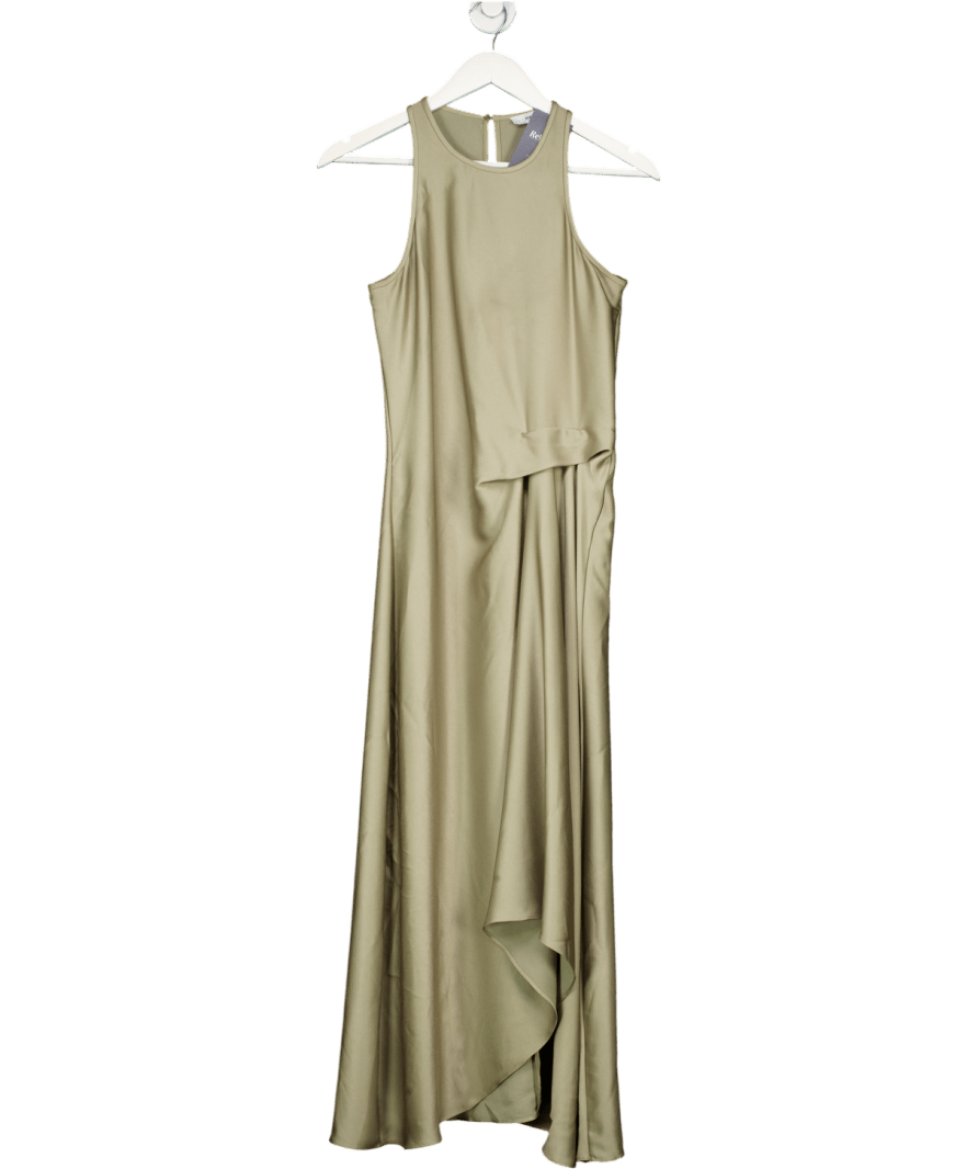 REISS Green Micah Satin Drape Tuck Midi Dress In Khaki UK 6 - Reliked